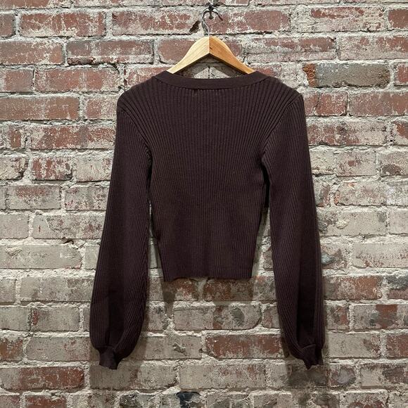 Lulu's Brown Ribbed Balloon Sleeve Button Cardigan Size XS - Picture 6 of 6